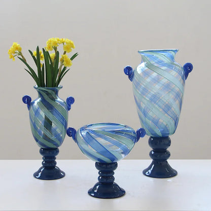 DecorBites™ Blue Striped Transparent Glass Vase - Tall Bottle Flower Pot Bouquet Holder