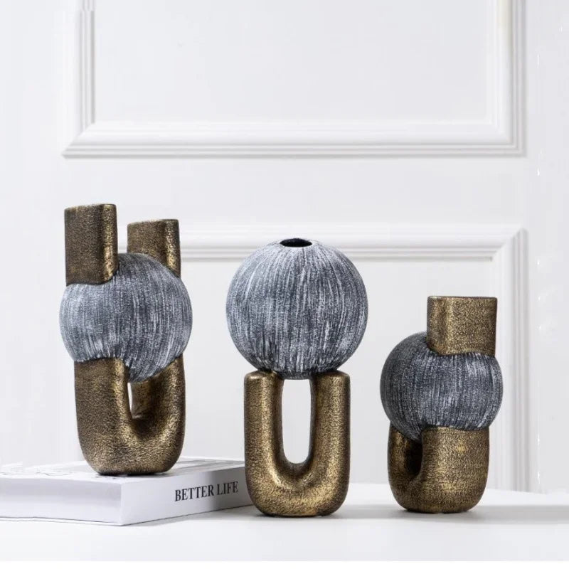 DecorBites™ Golden Stripe Geometric Ceramic Vase - Abstract Floral Arrangement Home Decor