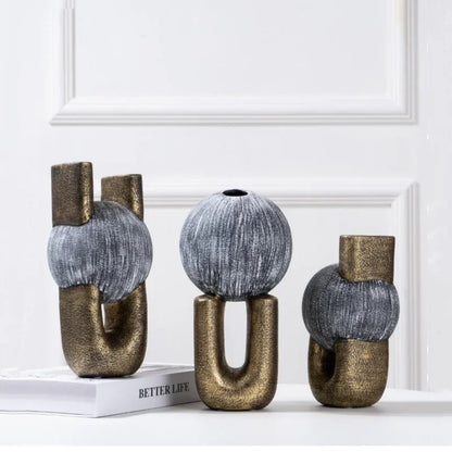 DecorBites™ Golden Stripe Geometric Ceramic Vase - Abstract Floral Arrangement Home Decor