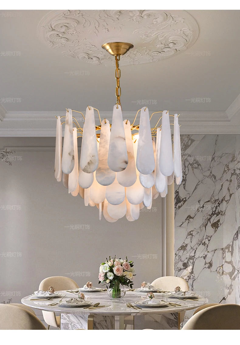 Lámpara Colgante de Mármol Francés Moderno en Cobre E14 LED Forma de Gota de Agua Candelabro para Sala de Estar Comedor Dormitorio Decoración del Hogar Luces