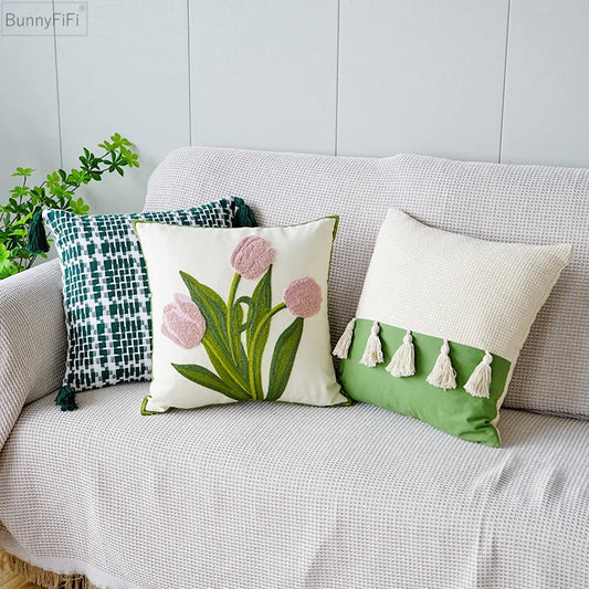 DecorBites™ Green Tulip Embroidery Pillowcase 45X45CM - Sofa Bed Office Car Chair Cover