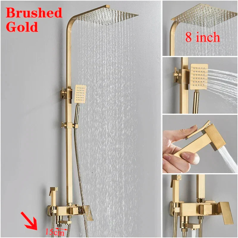 مجموعة صنبور دش مطري مربعة مقاس 8 بوصات من DecorBites™ مع دش يدوي - مثبت على الحائط بمقبض واحد