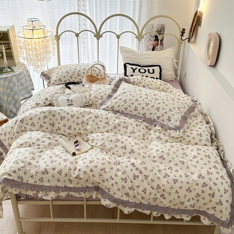 DecorBites™ French Floral Print Double Layer Lace Ruffles Bedding Set