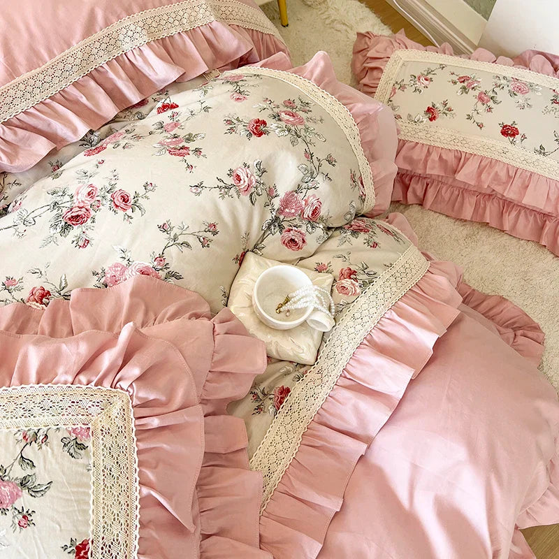 Decobites Pink Rose Floral Pleat Lace Ruffles 100% Cotton Bedding Set - Various Bed Sizes