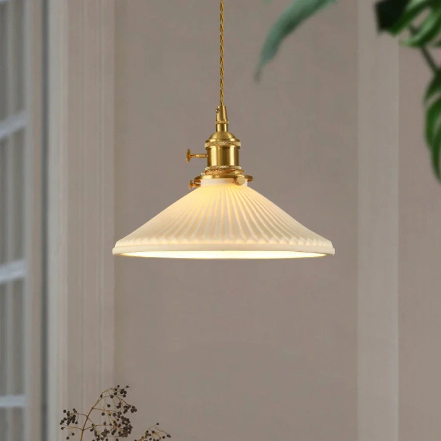 Japanese Ceramic Pendant Light in White and Bronze