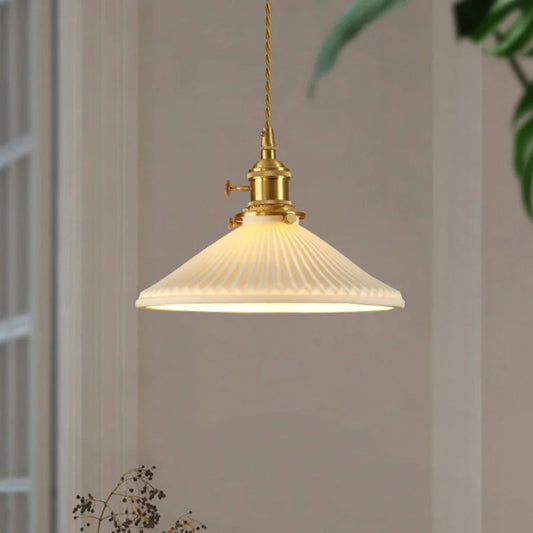 Japanese Ceramic Pendant Light in White and Bronze