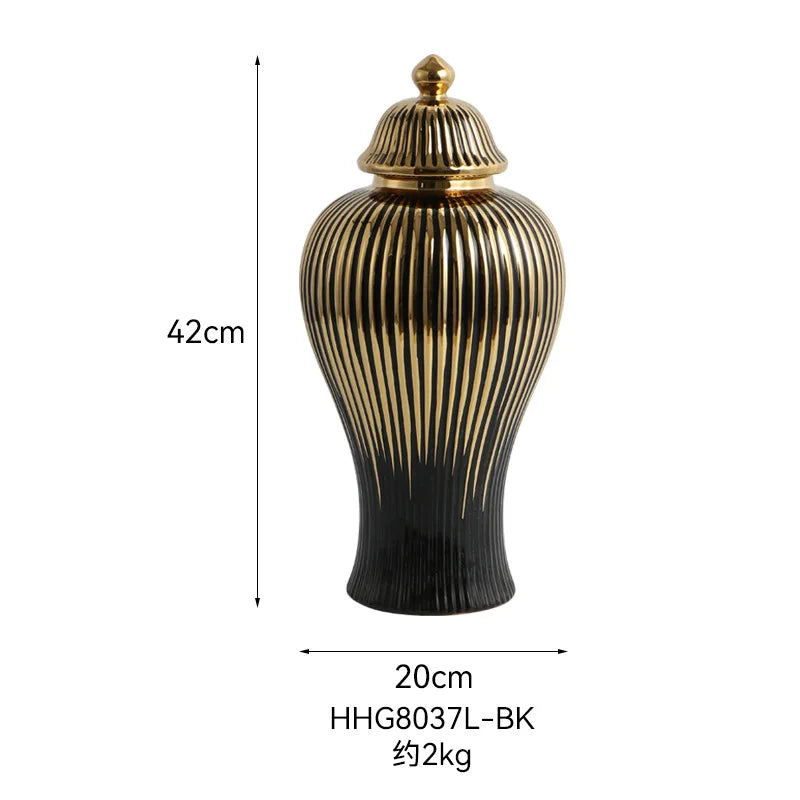 DecorBites™ Black Ceramic Checkmate Ginger Jar Vase with Gold Rim