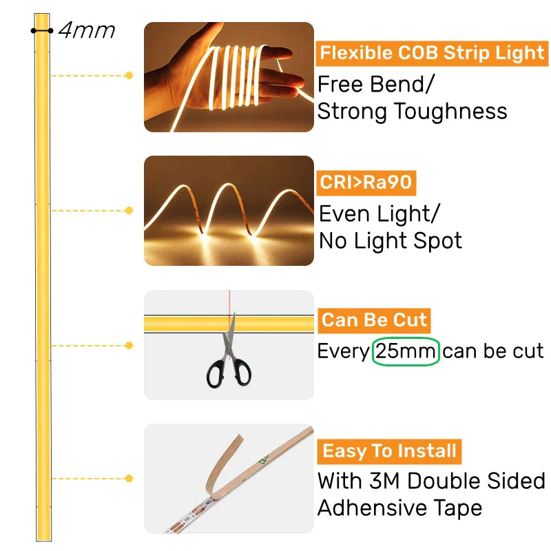 DecorBites™ 4mm COB LED Strip Lights - Ultra Slim & Colorful - 480Led/M Linear Tape Lighting
