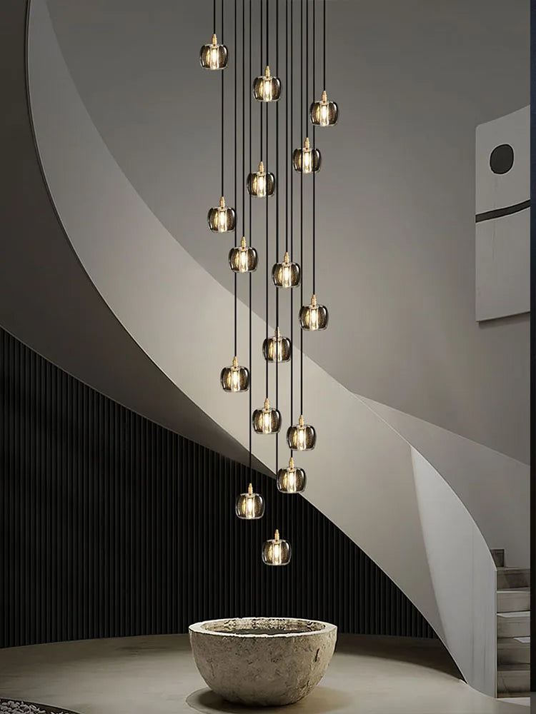 DecorBites™ Black & Gold Crystal Chandelier LED Pendant Light Fixture Loft Staircase Lighting