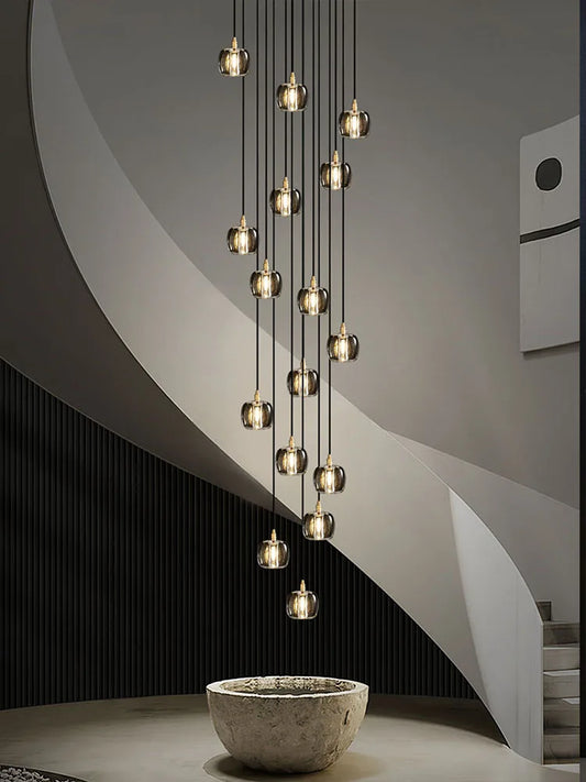 DecorBites™ Black & Gold Crystal Chandelier LED Pendant Light Fixture Loft Staircase Lighting