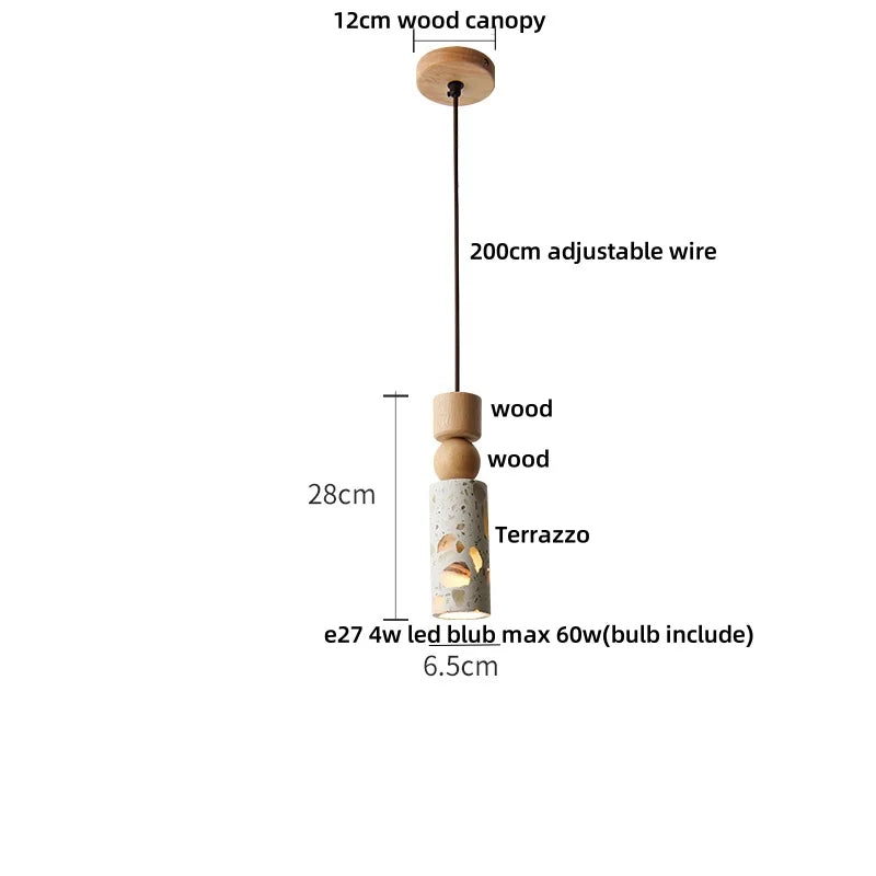 DecorBites™ LED Terrazzo Pendant Lamp White Stone Wood Hanging Light