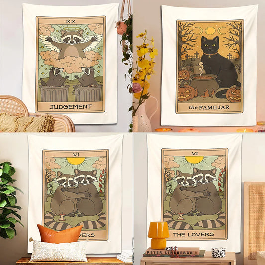 Cat Tarot Boho Tapestry Wall Hanging Moon Phase Aesthetic Room Decor by Decobites