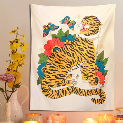 Decobites Tiger Tapestry: Hippie Boho Wall Hanging with Floral Butterfly, Psychedelic Animal Art