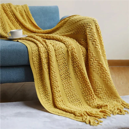 Decobites Nordic Knitted Sofa Blanket with Tassels - Solid Color Siesta Shawl Blanket