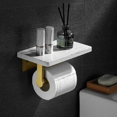 Soporte de pared para papel higiénico DecorBites™ Gold Marble, con caja de pañuelos y estante para baño.