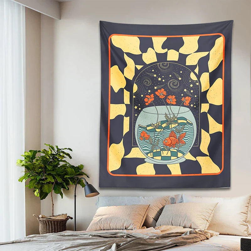 Decobites Psychedelic Goldfish Tapestry Wall Hanging Star Geometry Flower Decor