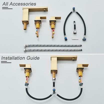 DecorBites™ Brushed Gold Black Dual Handle Waterfall Bathroom Sink Faucet, Deck Mounted