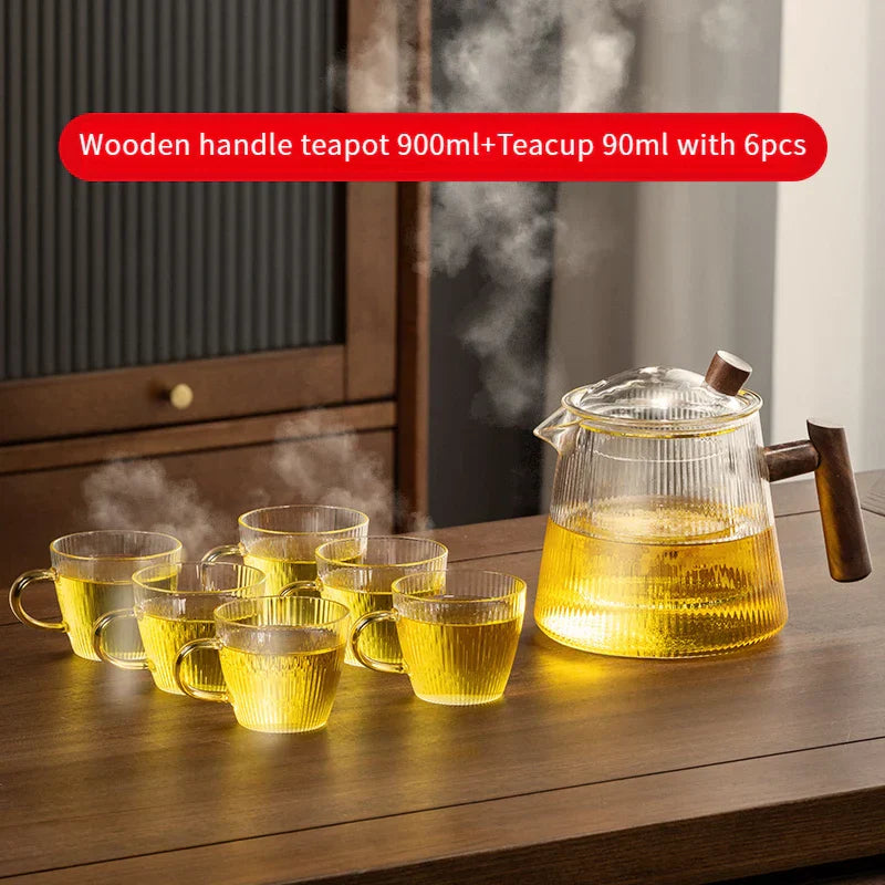 DecorBites™ Glass Teapot 900ML with Wooden Handle for Puer Kung Fu Tea