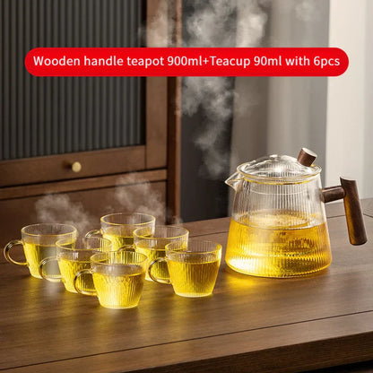 DecorBites™ Glass Teapot 900ML with Wooden Handle for Puer Kung Fu Tea