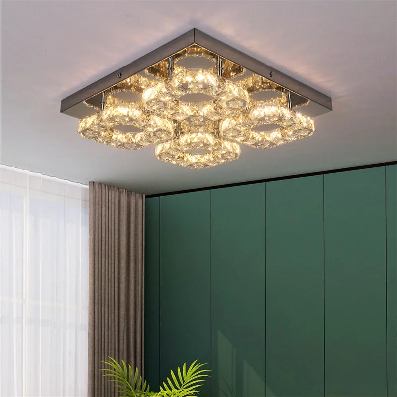 DecorBites™ Crystal LED Ceiling Light: Modern Square K9 Chandeliers, Dimmable Stainless Steel Fixture.