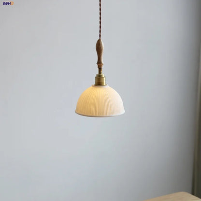 DecorBites™ LED Pendant Light Ash Wood White Ceramic Japanese Style Hanging Lamp