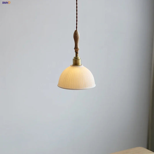 DecorBites™ LED Pendant Light Ash Wood White Ceramic Japanese Style Hanging Lamp