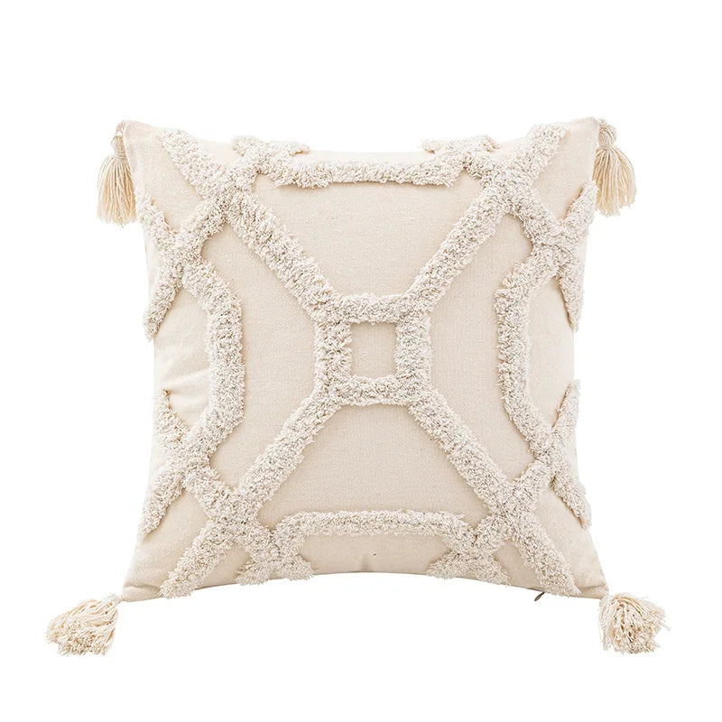Funda de cojín DecorBites™ con diseño geométrico capitoné, color beige, estilo patchwork, estilo wabi-sabi.