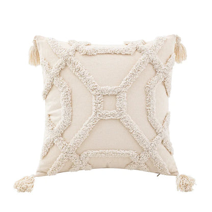 Funda de cojín DecorBites™ con diseño geométrico capitoné, color beige, estilo patchwork, estilo wabi-sabi.