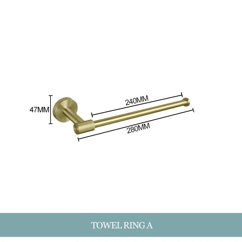 Conjunto de Hardware Decorbites™ Gold: Barra de Toallas, Soporte para Papel Higiénico, Gancho para Batas, Colgador de Tazas