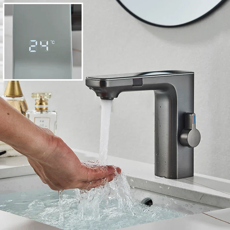Decorbites™ LCD-Sensor-Waschbeckenarmatur Heiß-Kalt-Wasser-Mischbatterie Berührungsloser Waschtischhahn