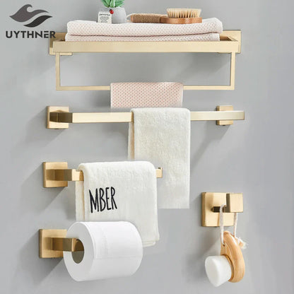 DecorBites™ Brushed Gold Bathroom Set: Towel Bar, Robe Hook, Shelf, Tissue Holder & Accessories