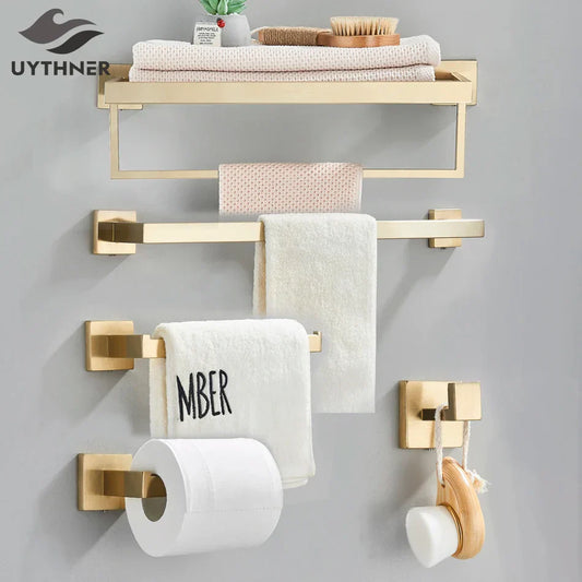 DecorBites™ Brushed Gold Bathroom Set: Towel Bar, Robe Hook, Shelf, Tissue Holder & Accessories