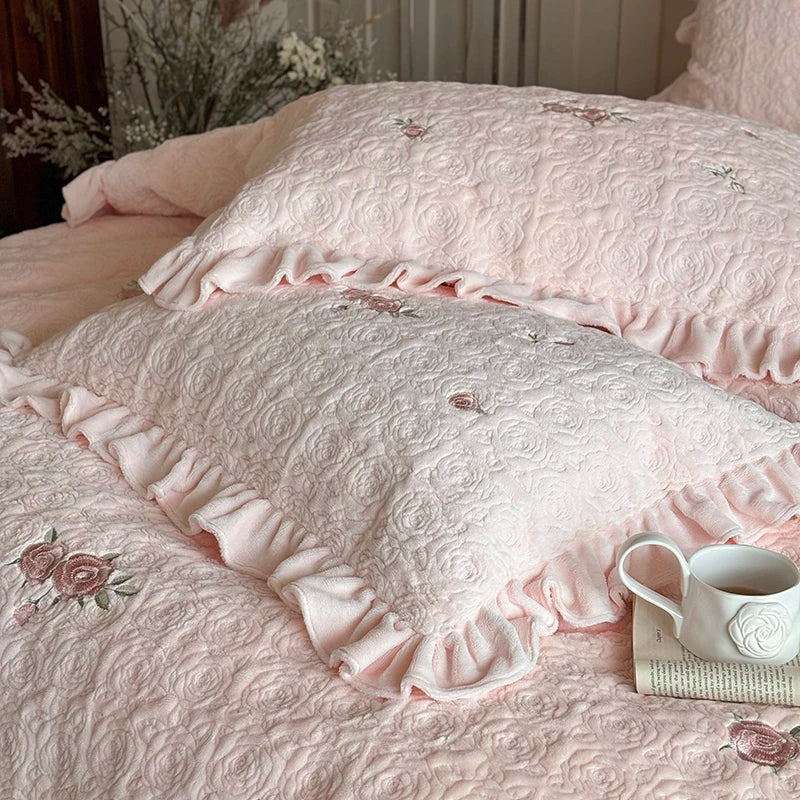 Decobites Pink Winter Milk Velvet Floral Ruffles Bedding Set