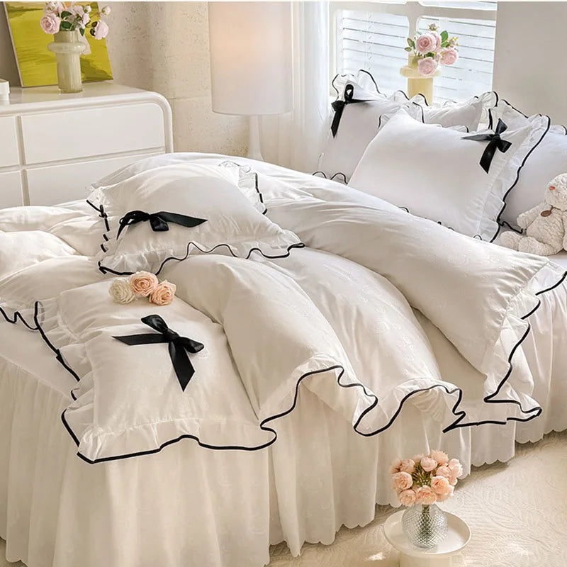DecorBites™ Lace Bow Bed Skirt Bedding Set in Romantic Solid Color for King Queen Double Sizes