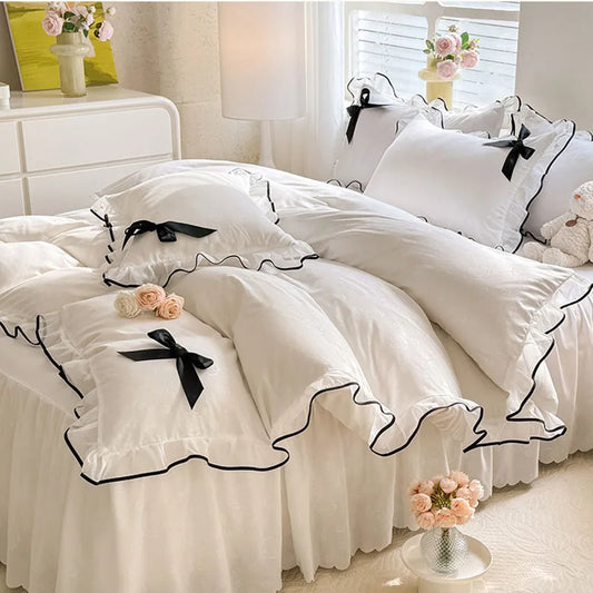 DecorBites™ Lace Bow Bed Skirt Bedding Set in Romantic Solid Color for King Queen Double Sizes