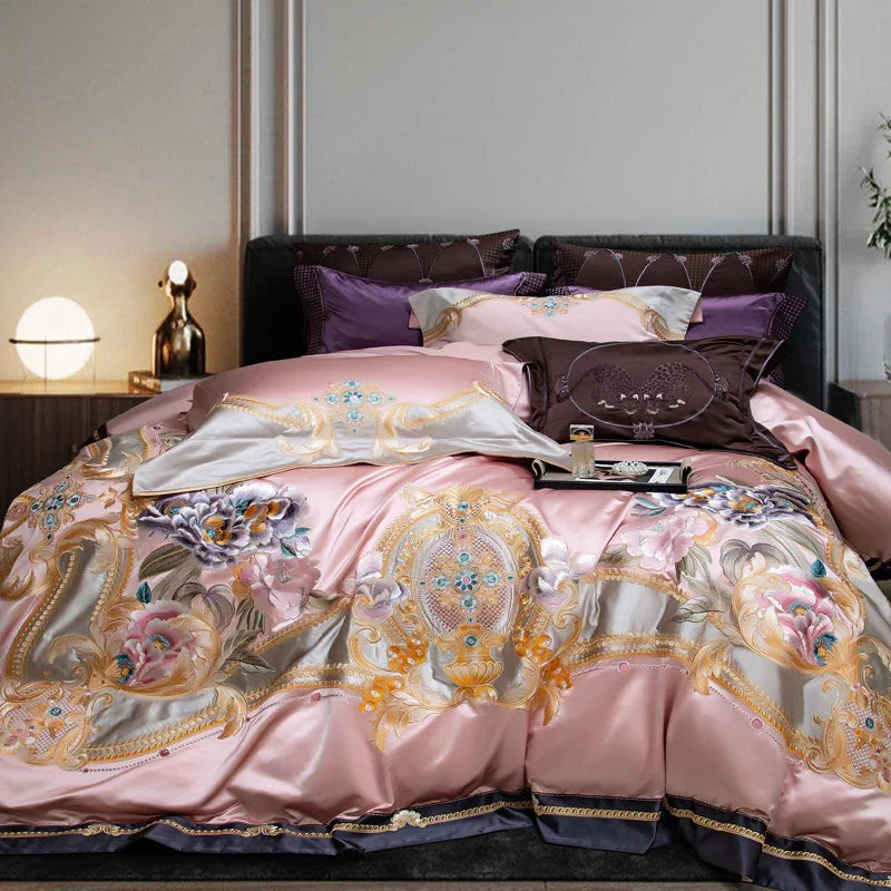 Decobites Pink Purple Embroidery European Palace Bedding Set - 9Pcs Premium Egyptian Cotton