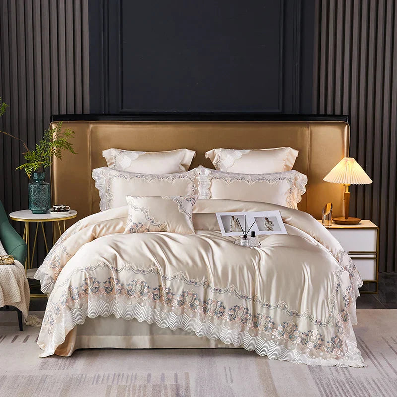 Decorbites™ Spitze Seiden-Baumwoll-Luxus-Französisches-Brautbettwäsche-Set für schicke Prinzessinnen-Schlafzimmer