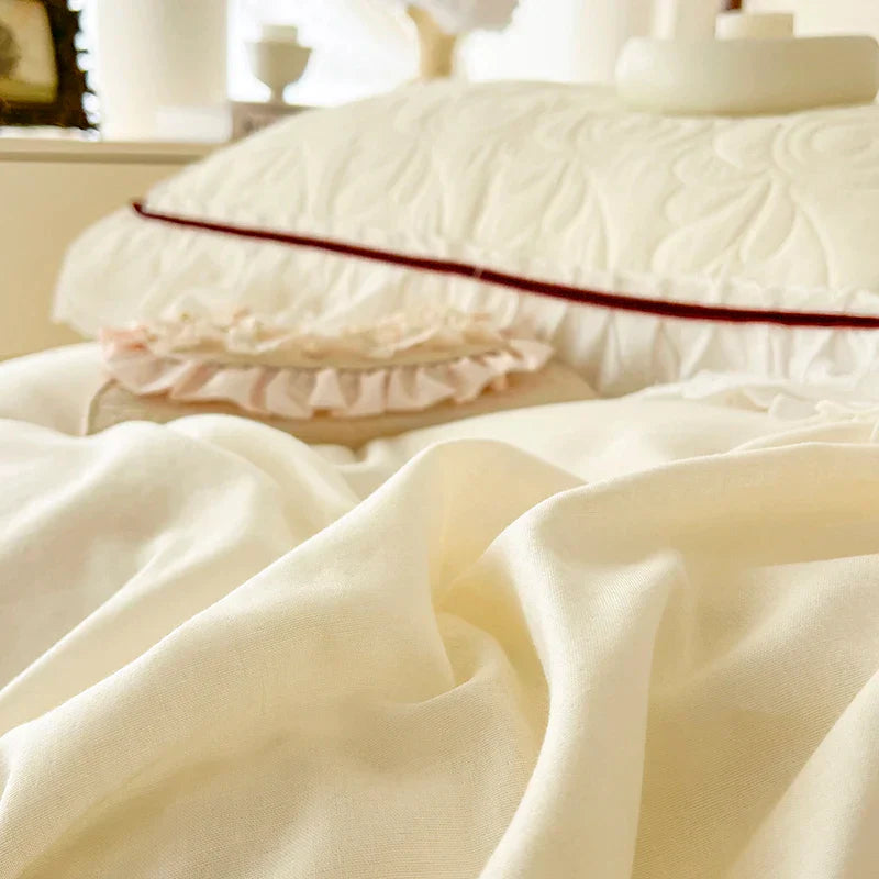 DecorBites™ Lace Ruffles Bedding Set: 4pcs Solid Color Princess Quilt Cover, Bed Skirt, 100% Cotton Pillowcase