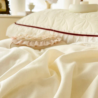 DecorBites™ Lace Ruffles Bedding Set: 4pcs Solid Color Princess Quilt Cover, Bed Skirt, 100% Cotton Pillowcase