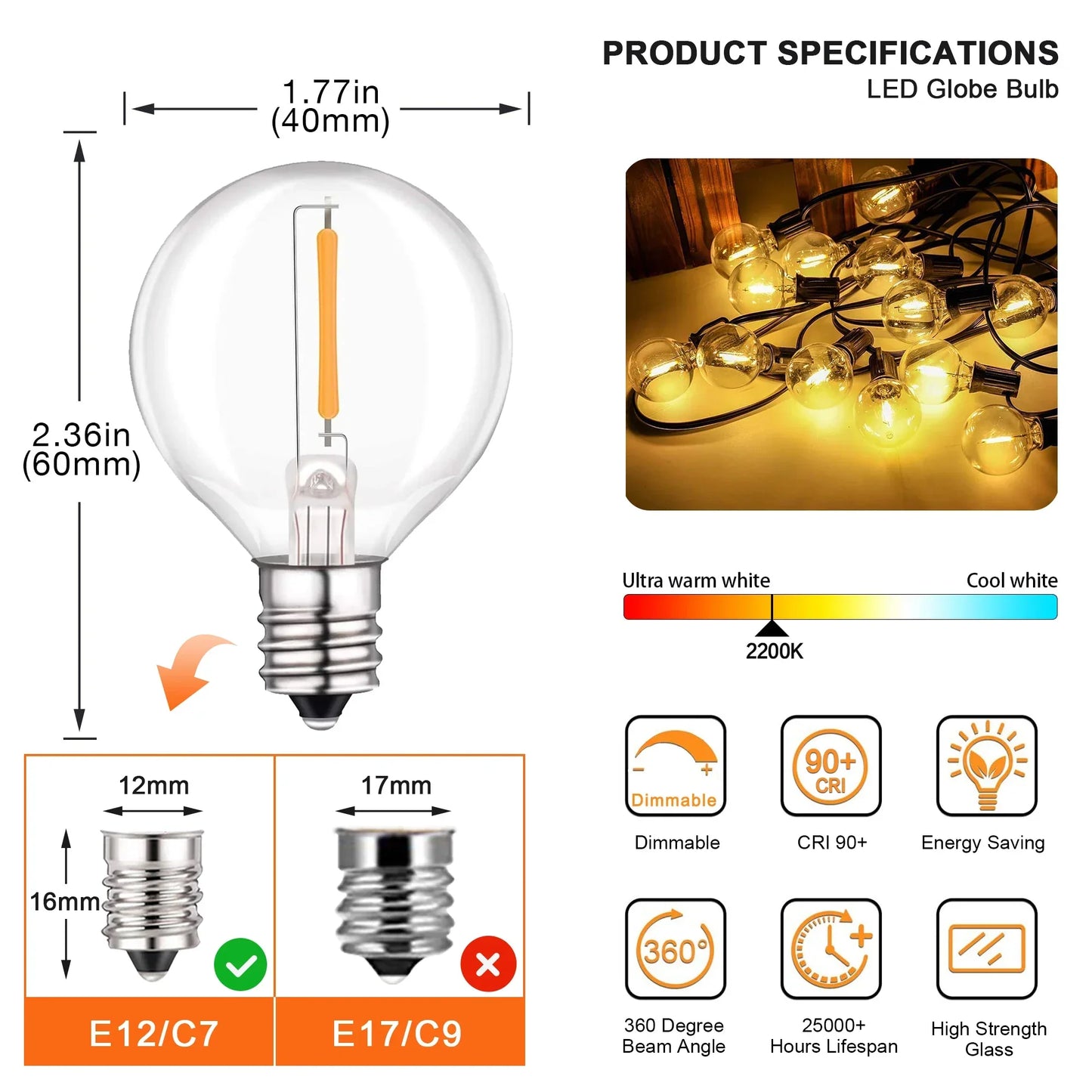 DecorBites™ 25 قطعة من مصابيح سلسلة LED G40 لمبة E12 برغي أبيض دافئ 2200 كلفن زجاج كهرماني