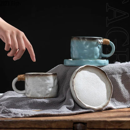 DecorBites™ Coarse Pottery Cup & Saucer Set - Classical Mugs for Dining Table or Coffee