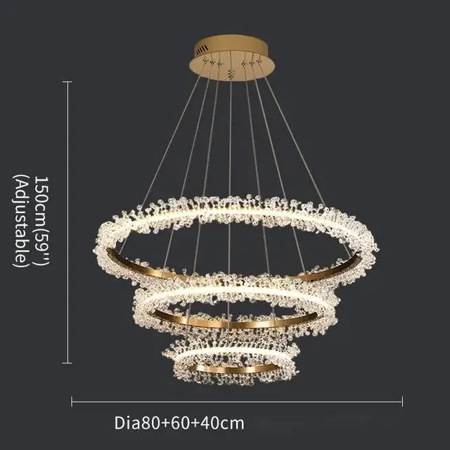 Lámpara de araña LED DecorBites™ con anillo de cristal dorado para decoración del hogar. Ideal para sala de estar, comedor y dormitorio de lujo.