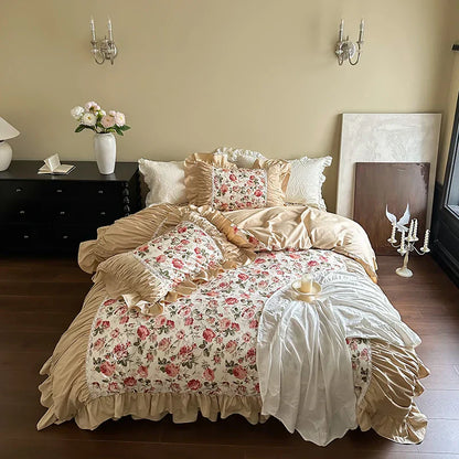 Decobites Vintage Floral Lace Ruffles Bedding Set, 100% Cotton, Duvet, Sheets, Pillowcases