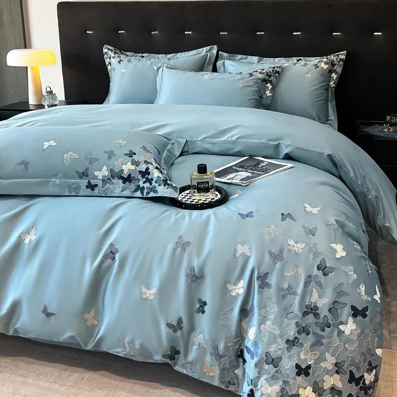DecorBites™ Butterflies Embroidery Bedding Set - King Queen Ru Size Bed Linens Sheet Pillowcase Comforter Cover Set