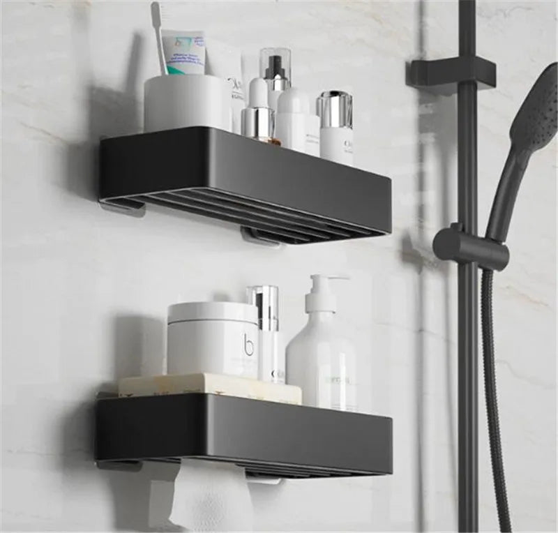 DecorBites™ Black Aluminum Bathroom Corner Shelf Wall Mounted Storage Holder