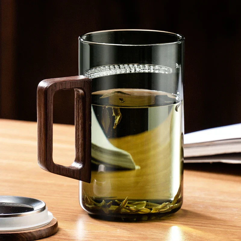 Juego de Tazas de Té de Vidrio Decorbites™ con Asa de Madera y Filtro Lunar