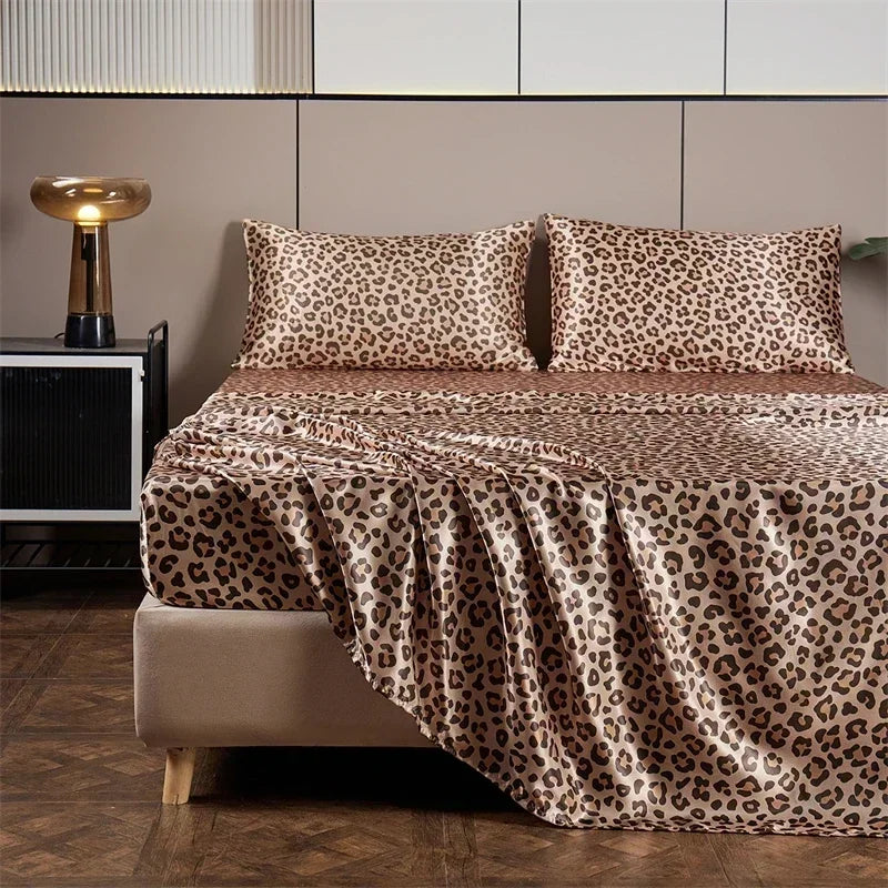 Decobites Leopard Print Satin Bedsheet Set King & Queen Sizes