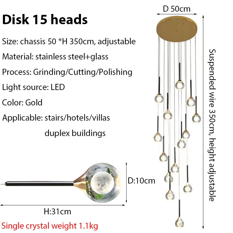 Chandelier de gotas de lluvia de cristal dorado Decorbites™ para escalera y vestíbulo