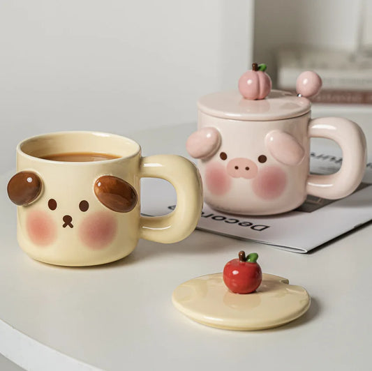 DecorBites™ Animal Ceramic Mug Set: Pig Dog Design, Lid, Spoon, Saucer - Breakfast Coffee Cup