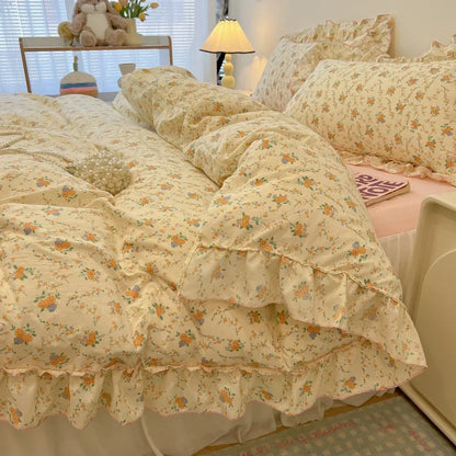 DecorBites™ Lace Bedding Set: Printed Design, Single Queen Size, Cozy Quilt Cover, Fitted Sheet, 2 Pillowcases